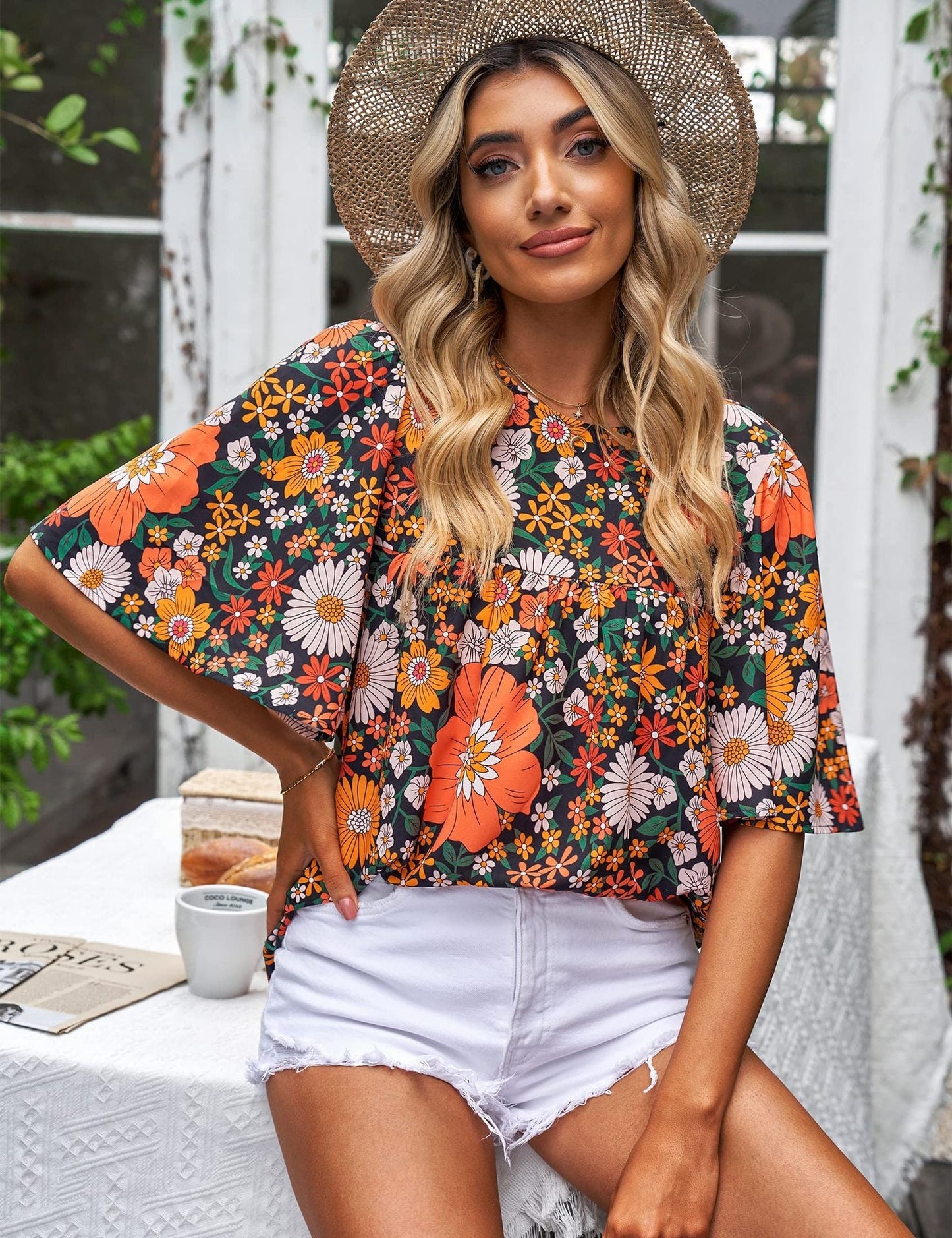 Blusa Flor de Mujer con Mangas Cortas