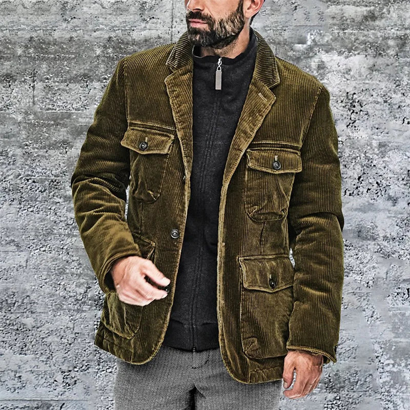 Chaqueta Pana Hombre Abrigo Cuero Bolsillos