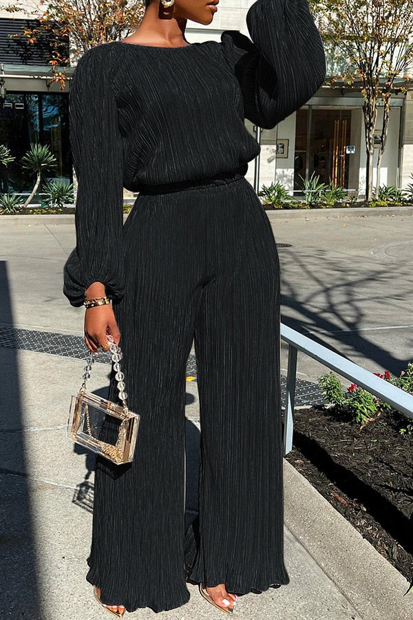 Conjunto Mujer Plisado Blusa Larga Pantalón Ancho