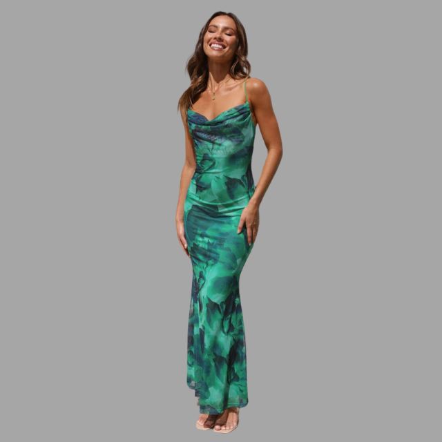 Vestido Maxi Satén Elegante Cuello Alto - Vestiria