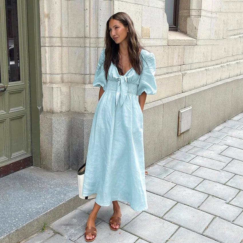 Vestido Midi Retro con Mangas Voladas