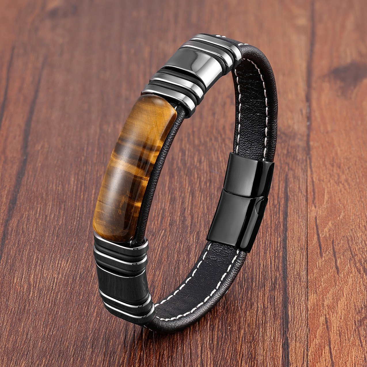 Pulsera Hombre Cuero Acero Inoxidable Moderna