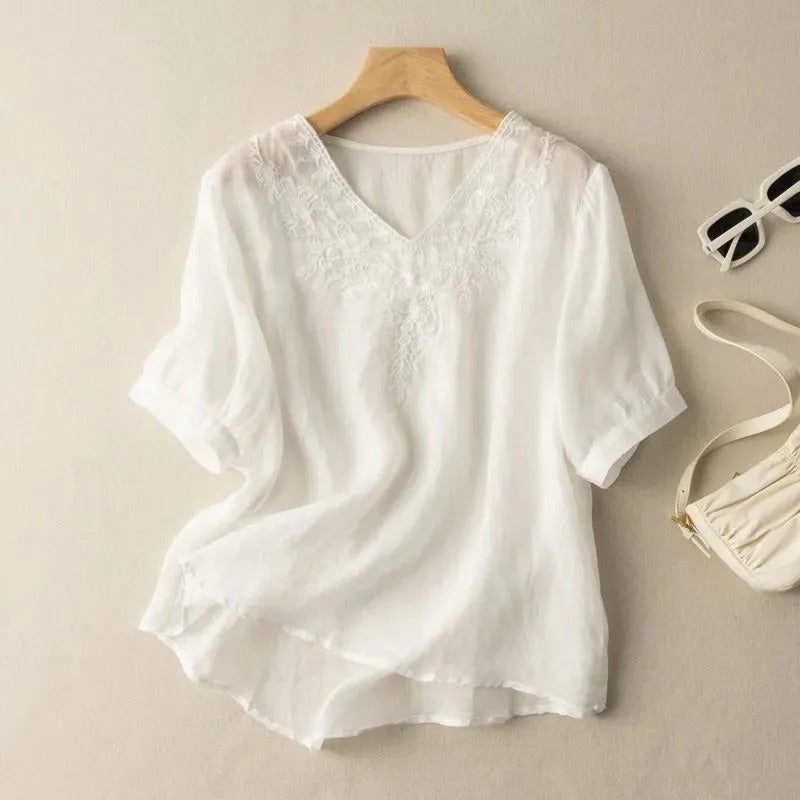 Blusa Mujer Lino Estilo Chic con Bordado