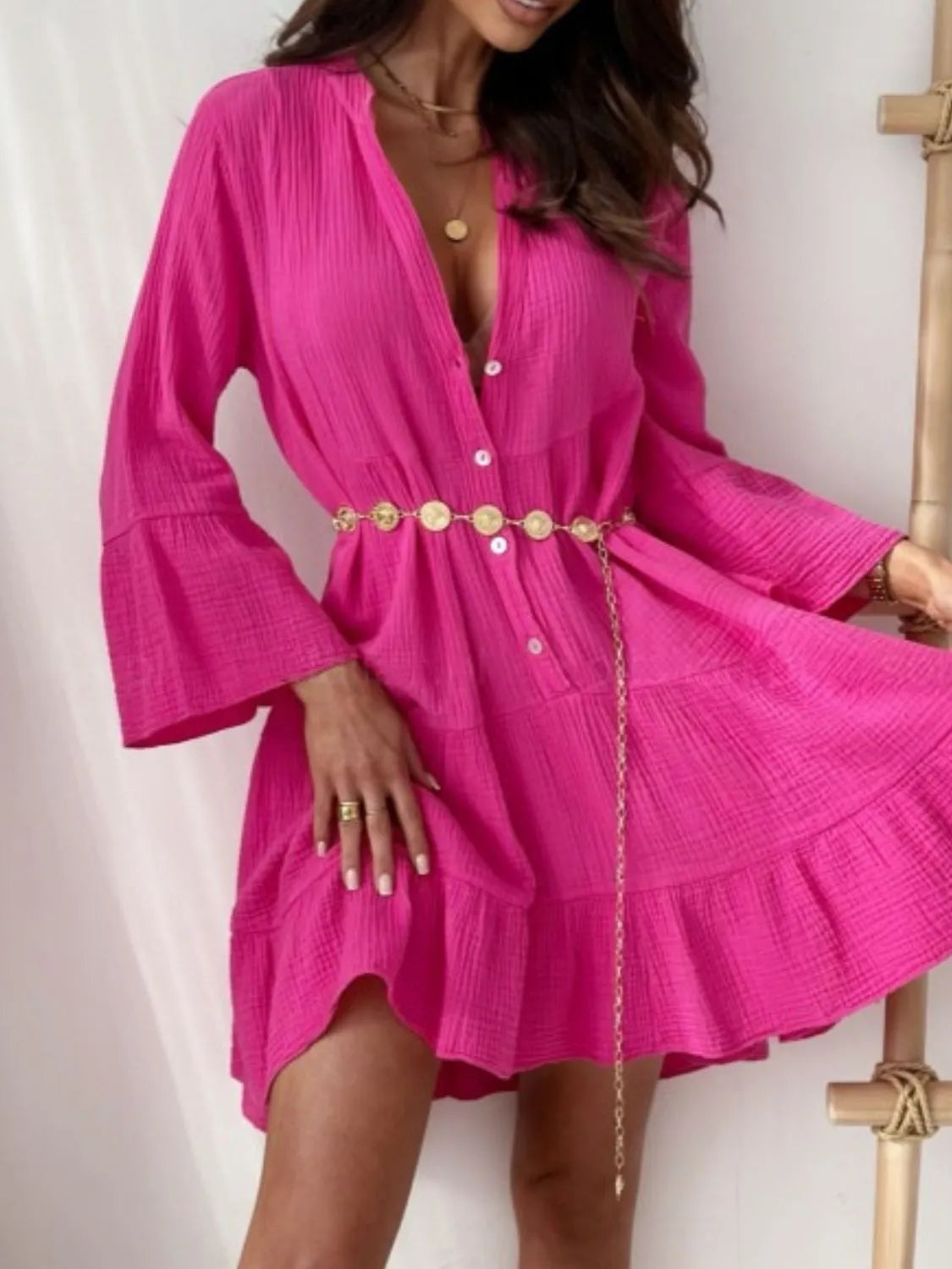 Vestido Fiesta Corto con Volantes y Mangas Largas