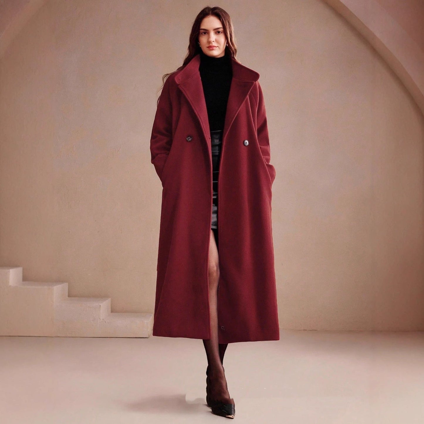 Abrigo Largo Mujer Lana Cuello Alto Elegante - Vestiria