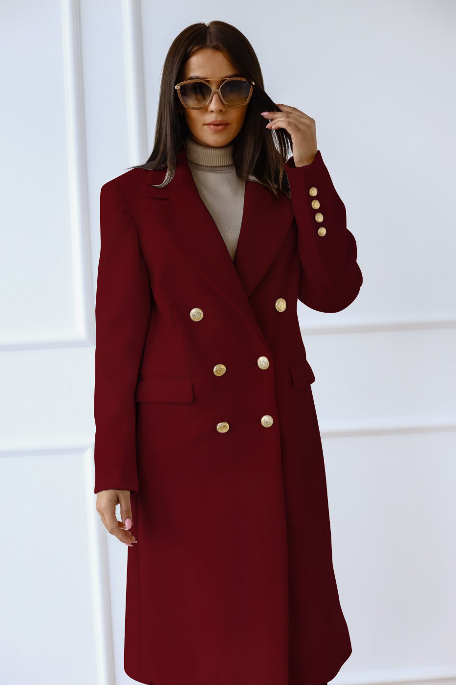 Abrigo Femenino Largo y Elegante de Lana Mezcla