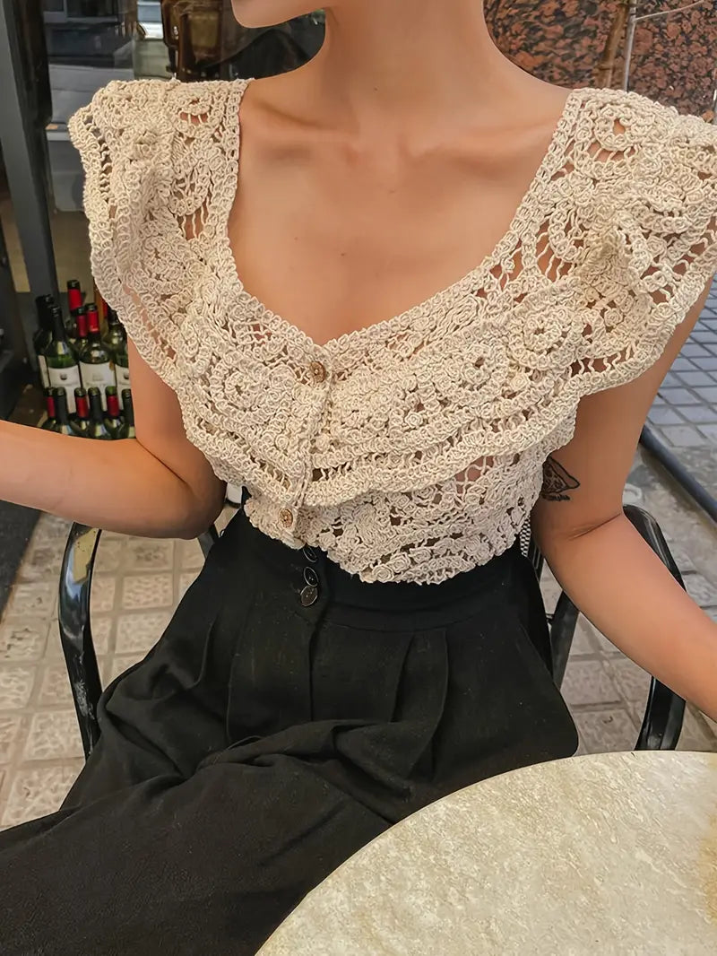 Top de Encaje con Mangas Abiertas Elegante Mujer - Vestiria