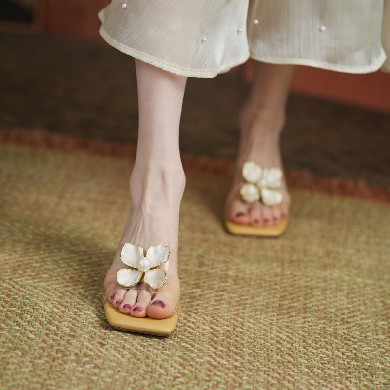 Sandalias Mujer Florales de Moda con Perlas Doradas