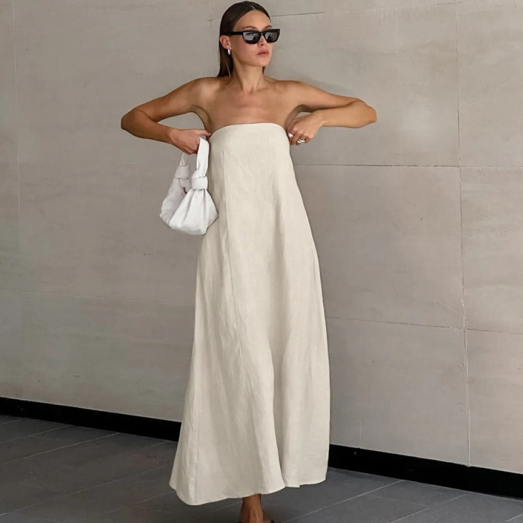Vestido Lino Elegante Mujer Escote V - Vestiria