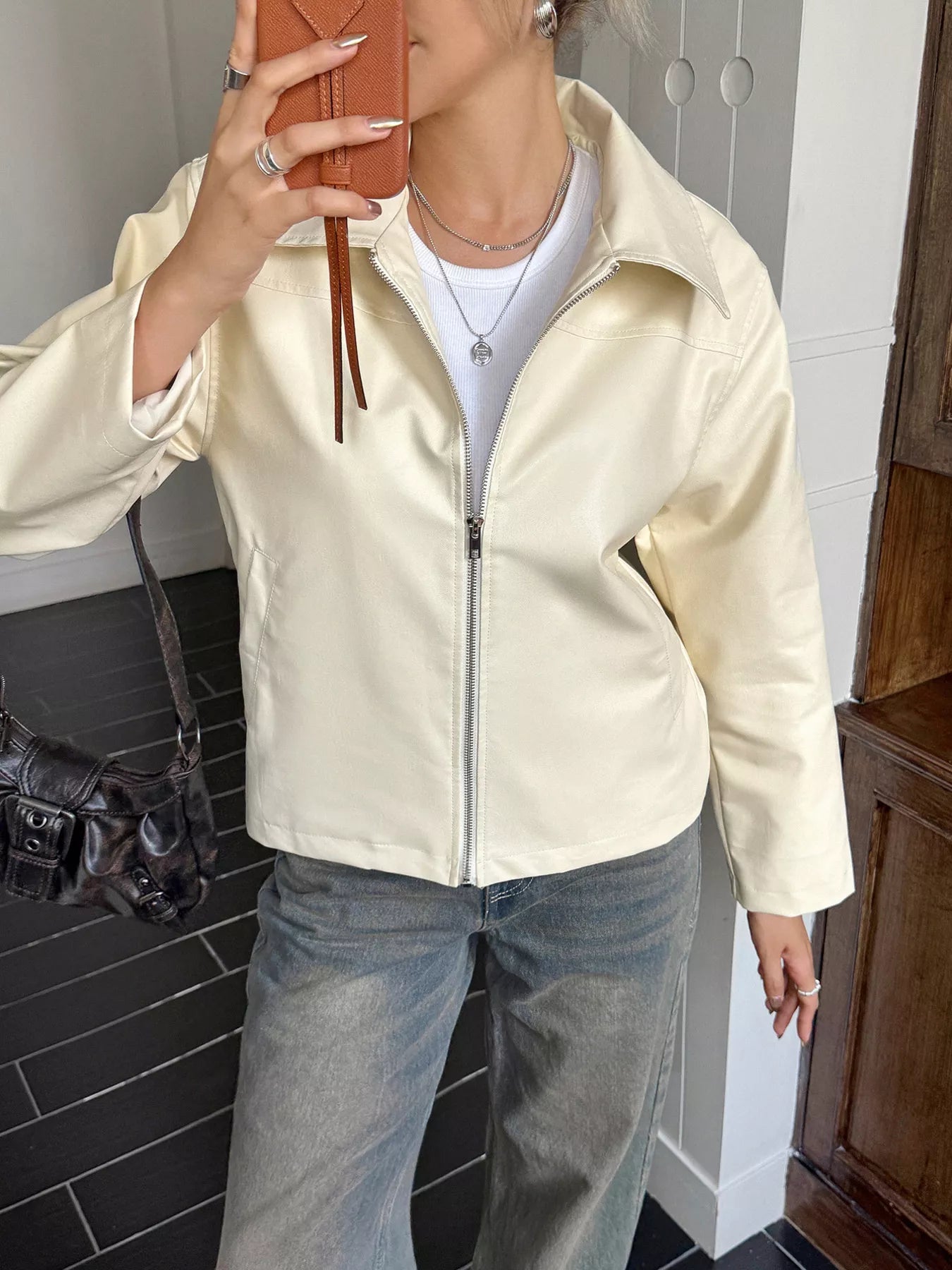 Chaquetón Mujer Cuero Imitación Cremallera Delantero