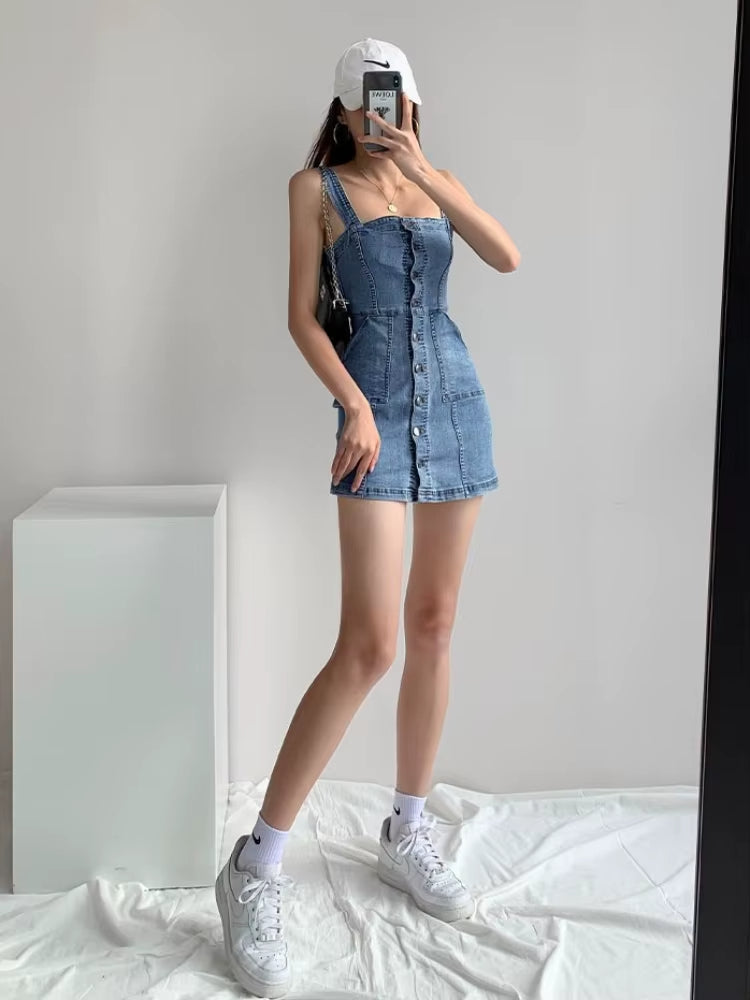 Vestido vaquero femenino corto con tirantes informal - Vestiria