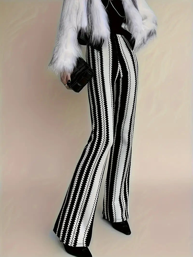 Pantalón Campana Estampado Zigzag Cintura Alta Moda - Vestiria