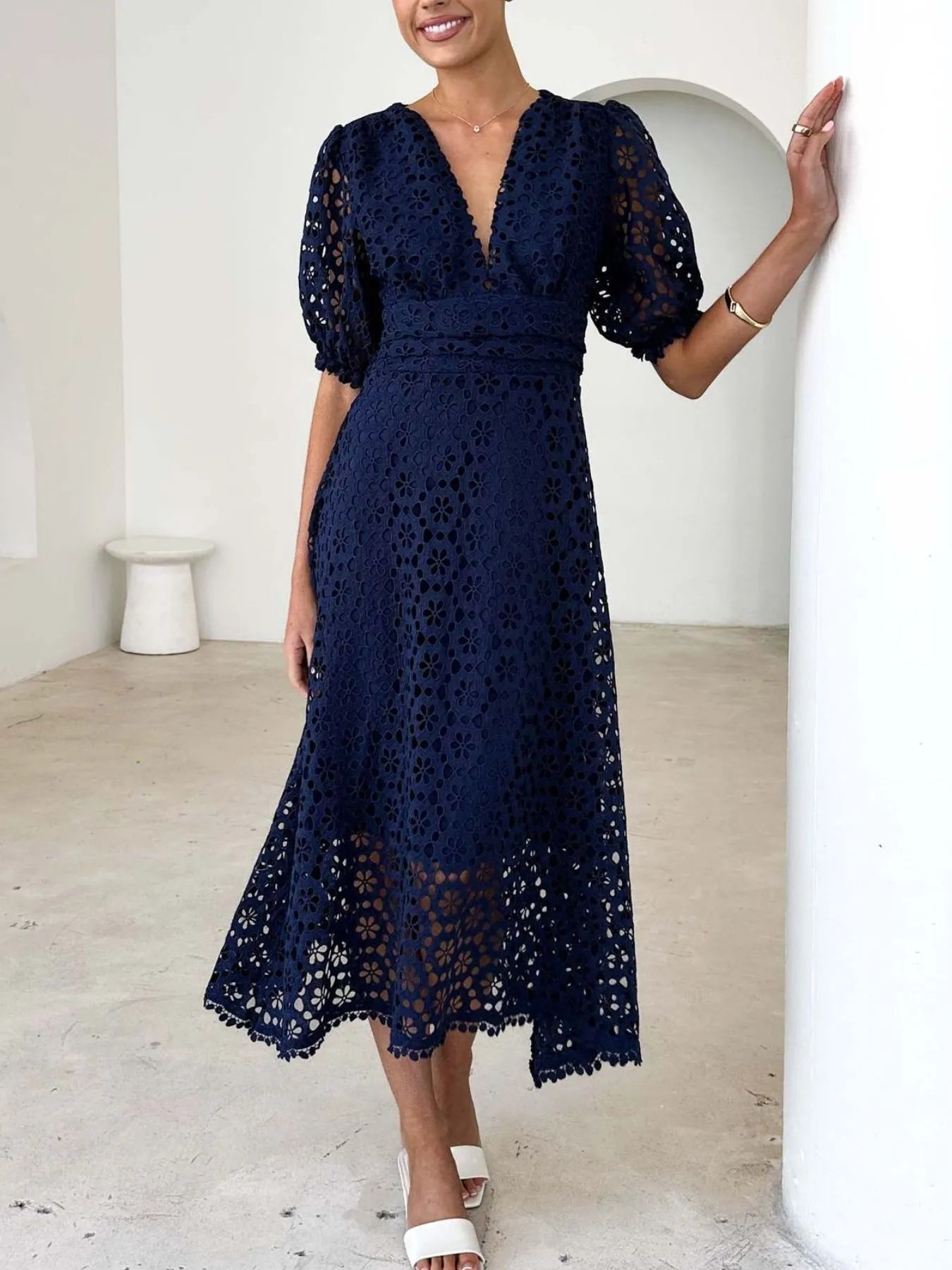 Vestido Midi Encaje Elegante Mangas Voladas