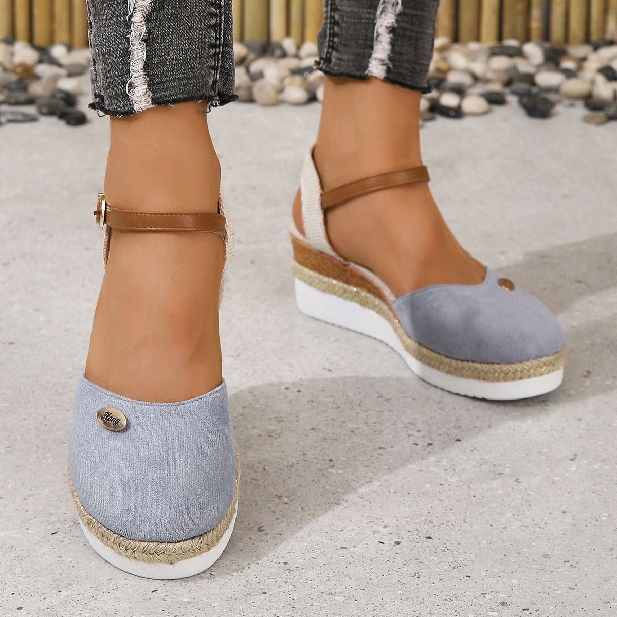 Sandalias Cuña Mujer Lona con Correa Ajustable de Esparto