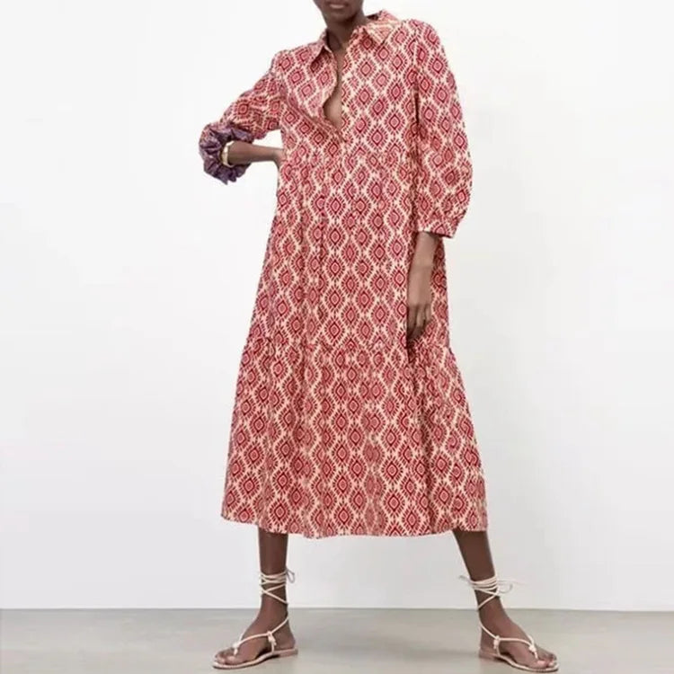 Vestido Manga Larga Estampado Geo Chic