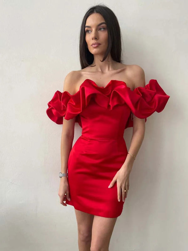 Vestido Satén Elegante con Volantes y Escote
