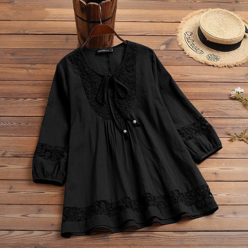 Blusa encaje elegante con lazo delantero