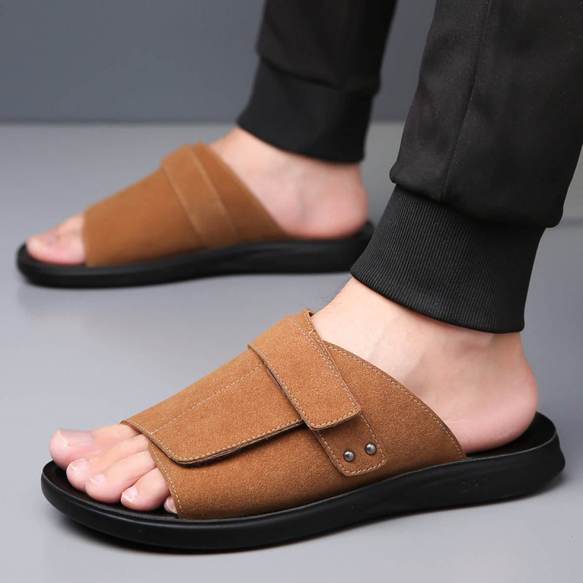 Sandalias Hombre Piel Serraje Clásicas Abiertas