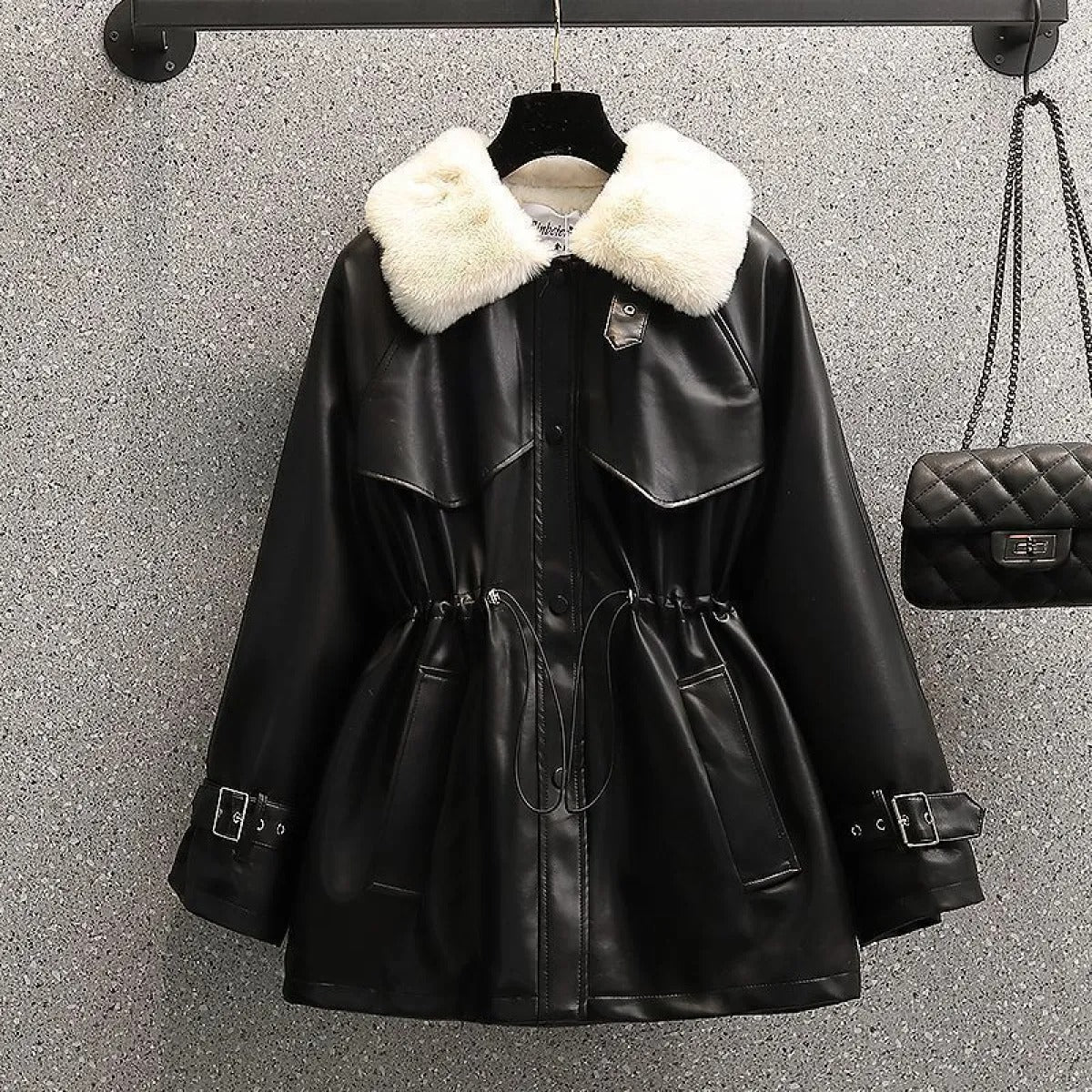 Chaquetón Mujer Cuero Ajustado Cuello Extraíble