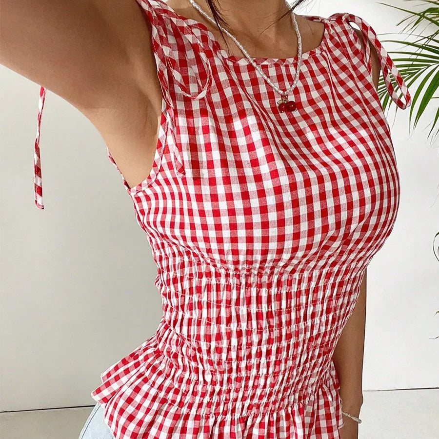 Blusa Mujer Cuadros Clásicos con Lazo Elegante - Vestiria