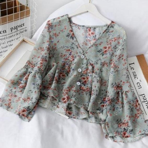 Blusa Mujer Florales Ligera con Volantes
