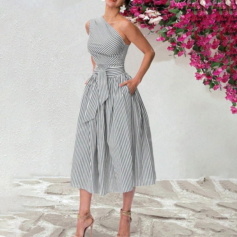 Vestido Mujer Rayas Estrechas Escote Lateral