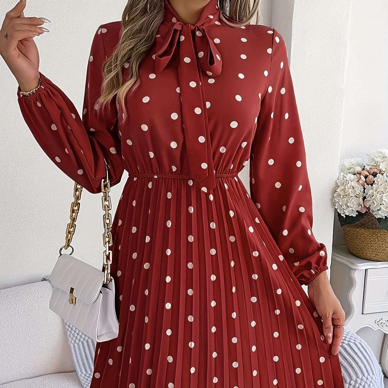 Vestido Mujer Midi Satinado con Estampado de Lunares - Vestiria