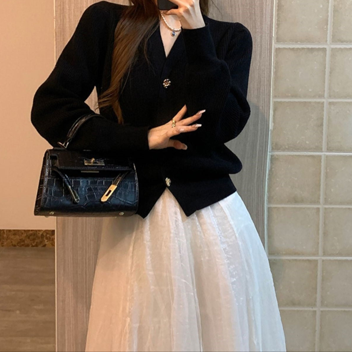 Cárdigan Mujer Manga Rizada Escote en V Estilo Clásico