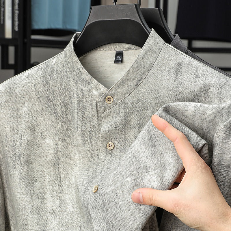 Camisa Hombre Lino Fresca Cuello Mao