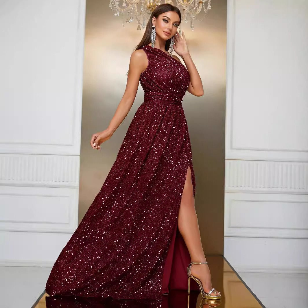 Vestido de Noche Lentejuelas Asimétrico Elegante