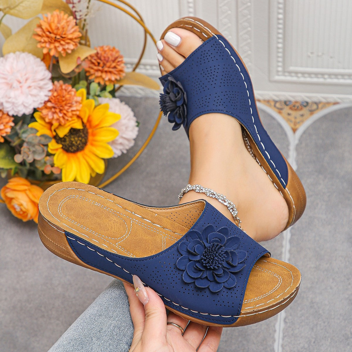 Sandalias Mujer Verano Florales Diseño Perforado