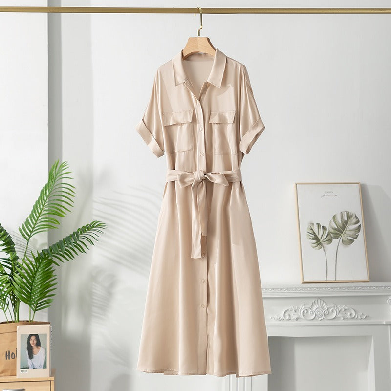 Vestido Mujer Midi Satinado Cinturón Estilo Clásico