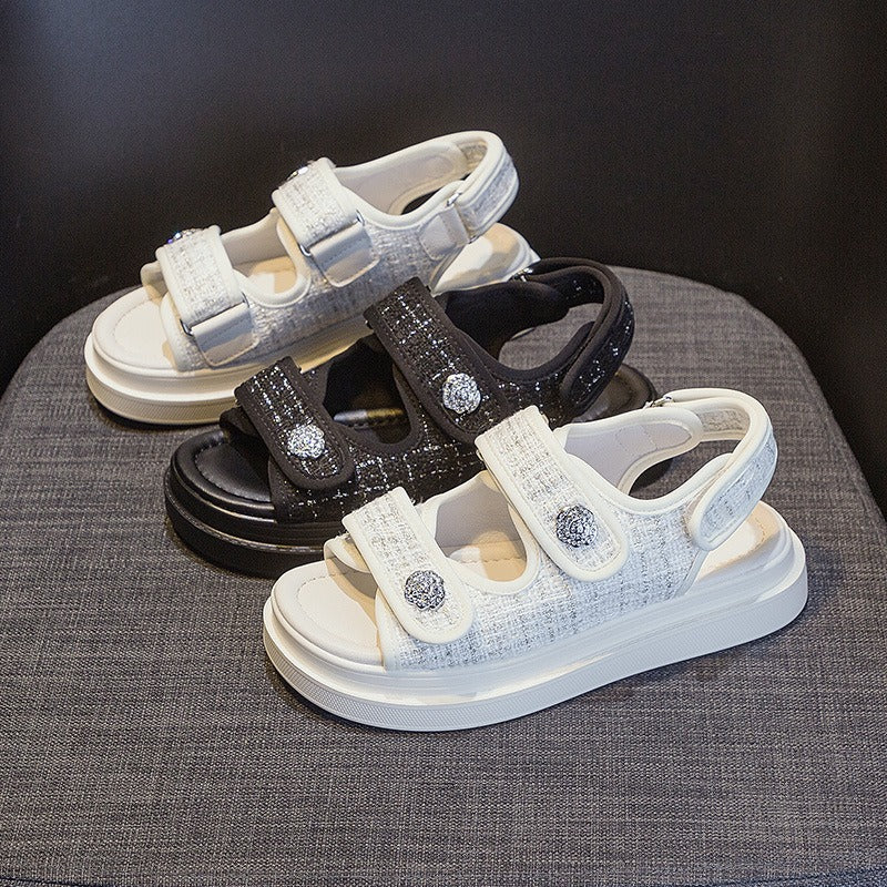 Sandalias cómodas mujer tejido tweed elegantes