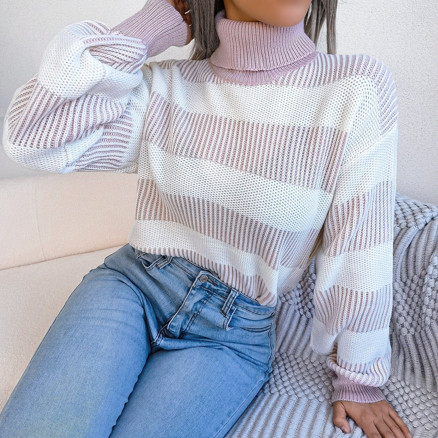 Jersey mujer cuello alto rayas grandes suave