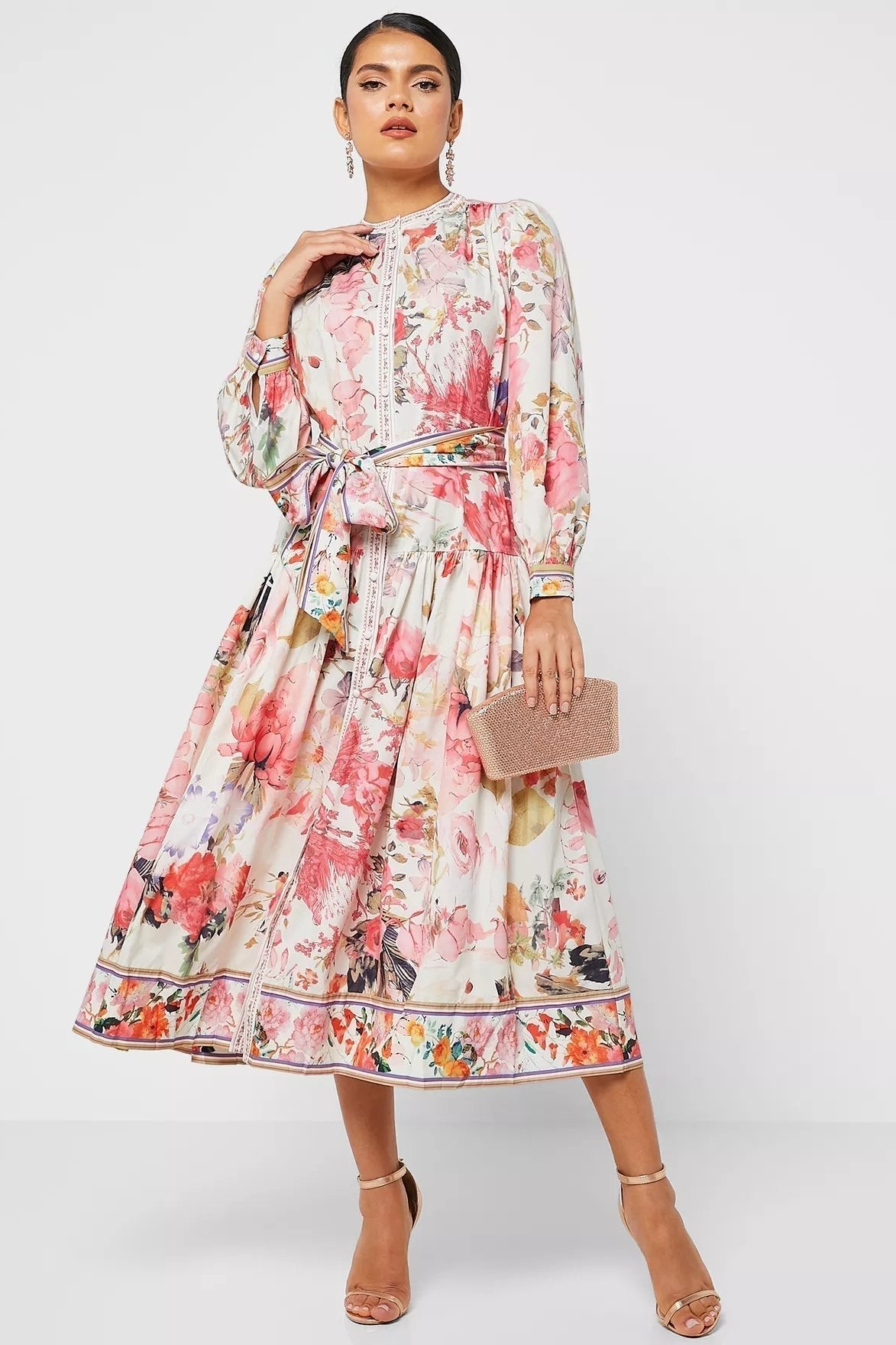 Vestido Midi Estampado con Cintura - Vestiria