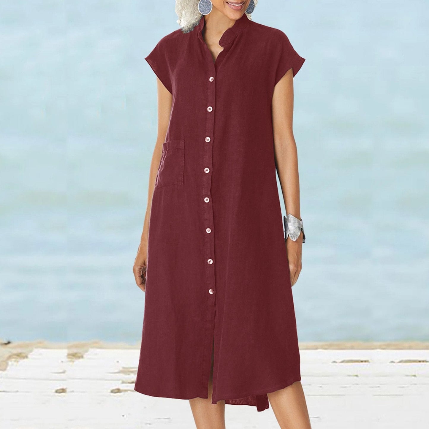 Vestido Lino Fresco con Botones y Bolsillo