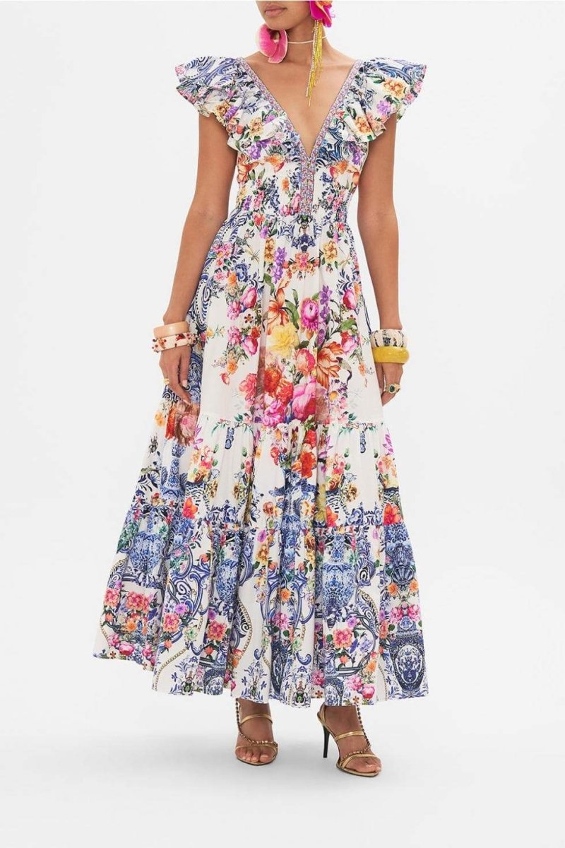Vestido Largo Floral Con Volantes Mujer - Vestiria