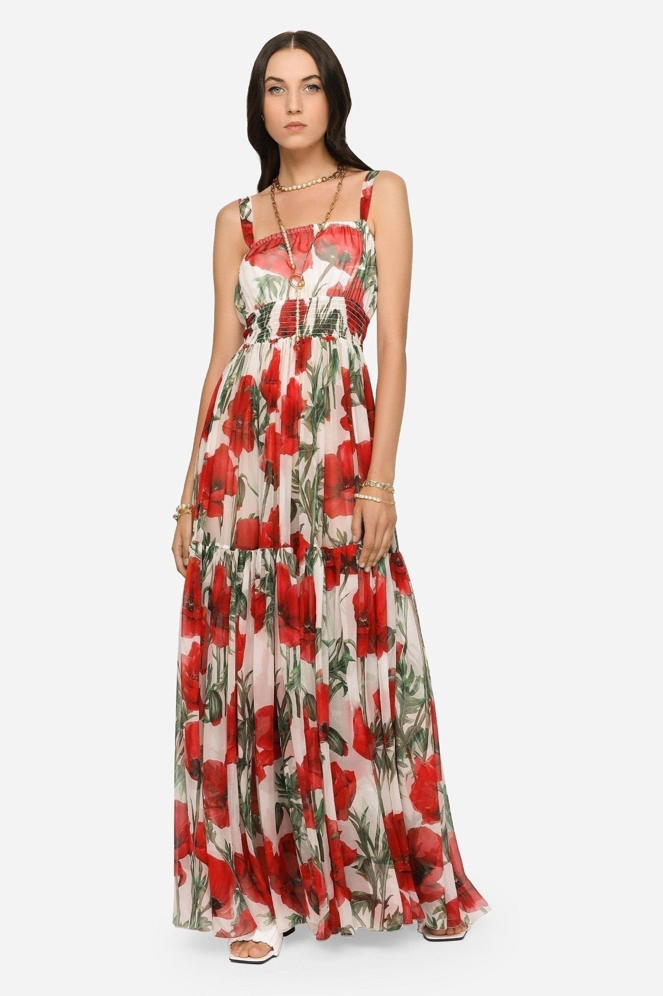 Vestido Maxi Estampado con Tirantes Volados - Vestiria