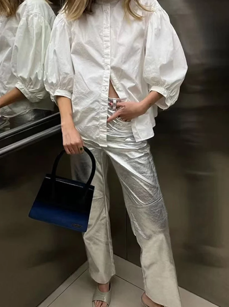 Pantalones Piel Sintética Brillantes Mujer Cintura Alta - Vestiria