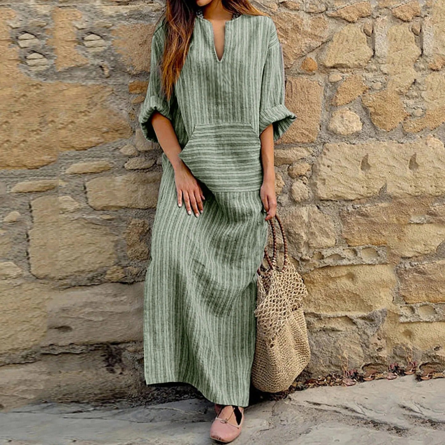 Vestido Largo Rayas Relajado Cuello Pico