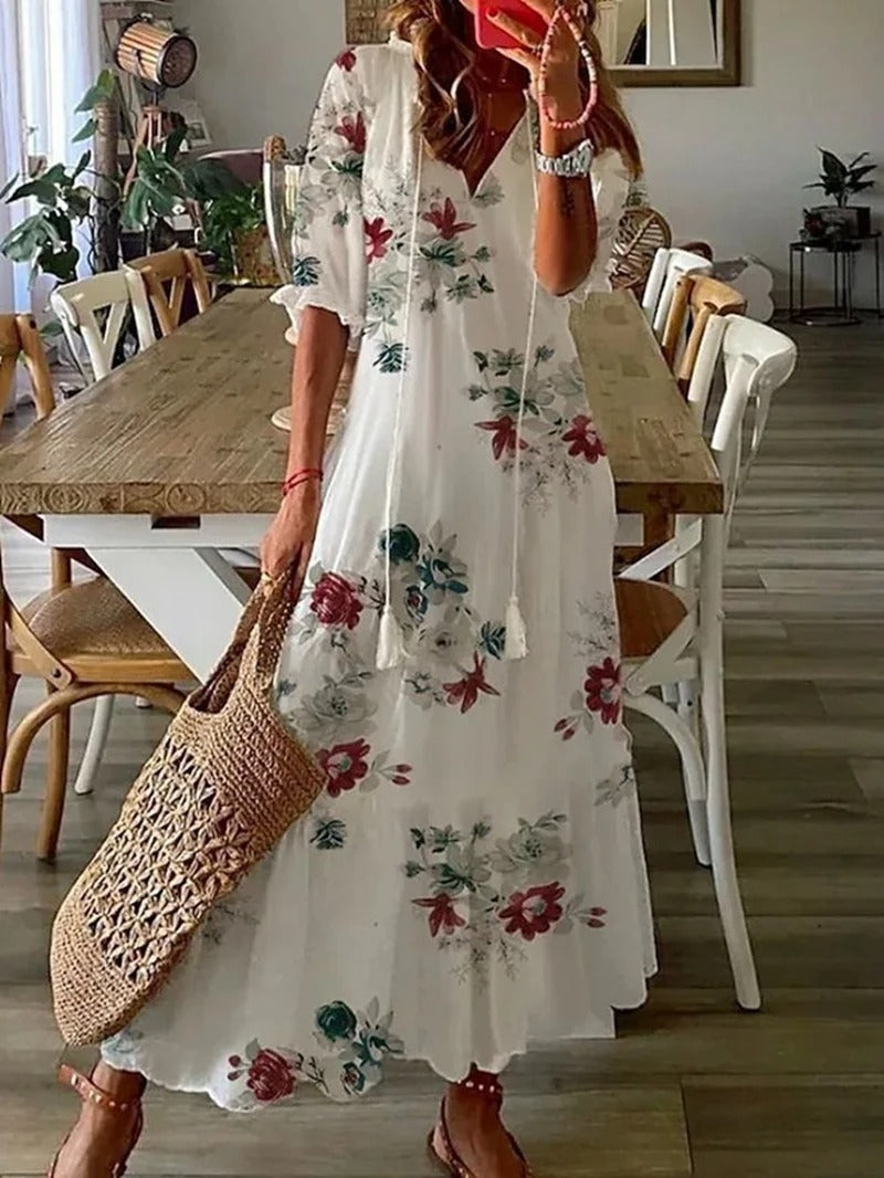 Vestido Largo Floral Estampado con Lazo Cintura