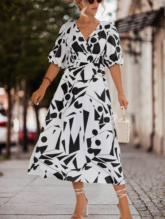 Vestido Estampado Geométrico Cuello en V Elegante - Vestiria