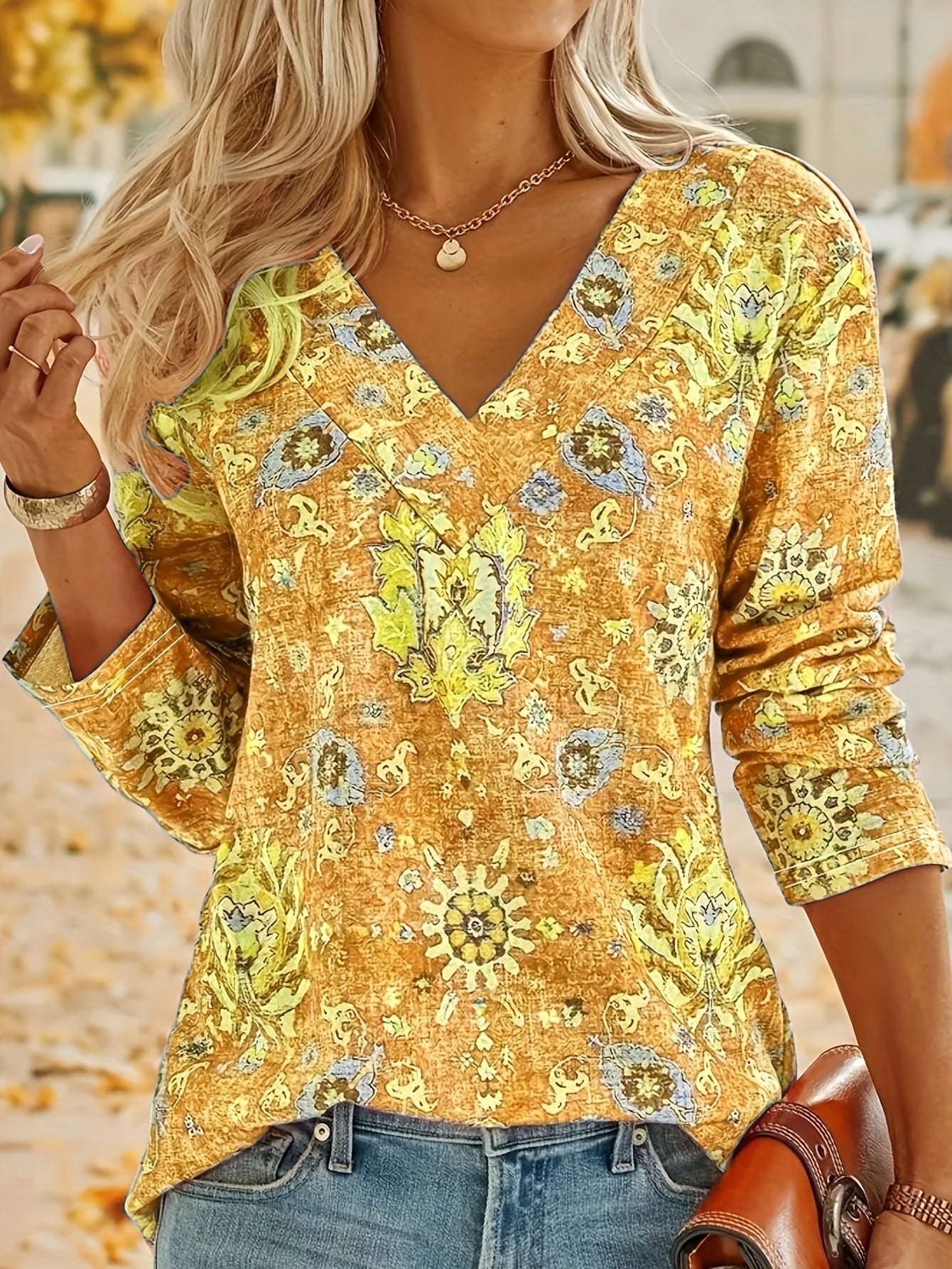 Blusa Boho Estampada Manga Larga Elegante