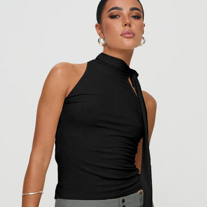 Top Mujer Cuello Alto Lazo Asimétrico Elegante