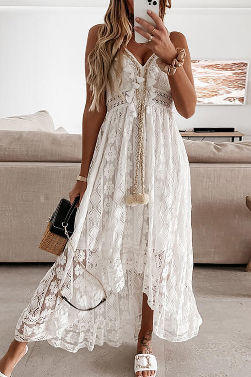 Vestido Midi Rosa Encaje Flores