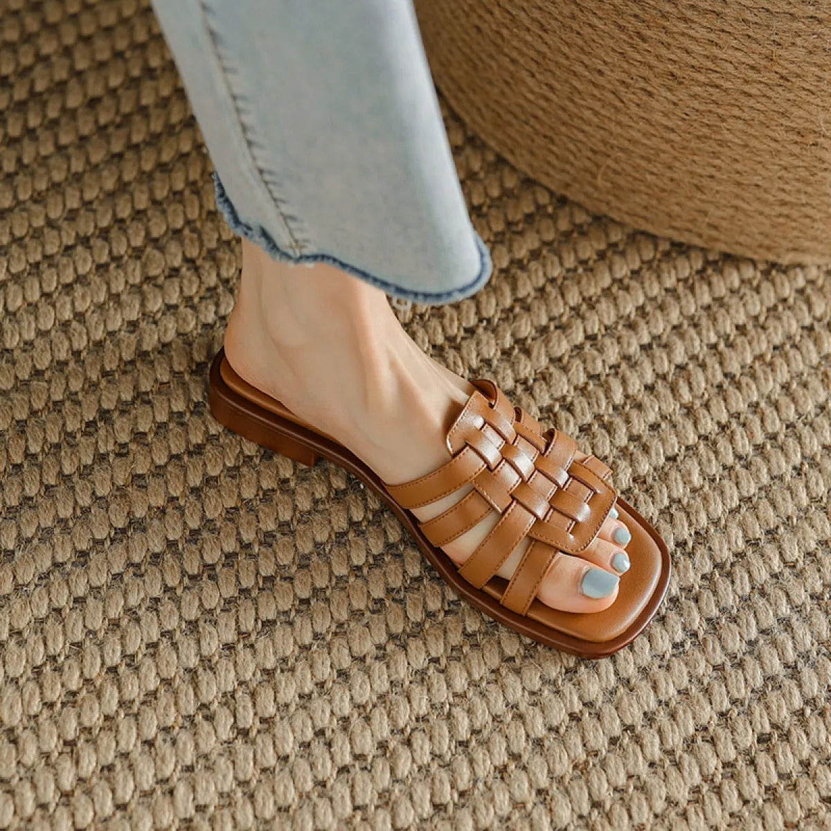 Sandalias Mujer Plano Trenzado de Imitación Piel