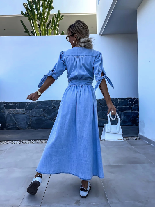 Vestido Largo Azul Casual con Cierre Delantero - Vestiria