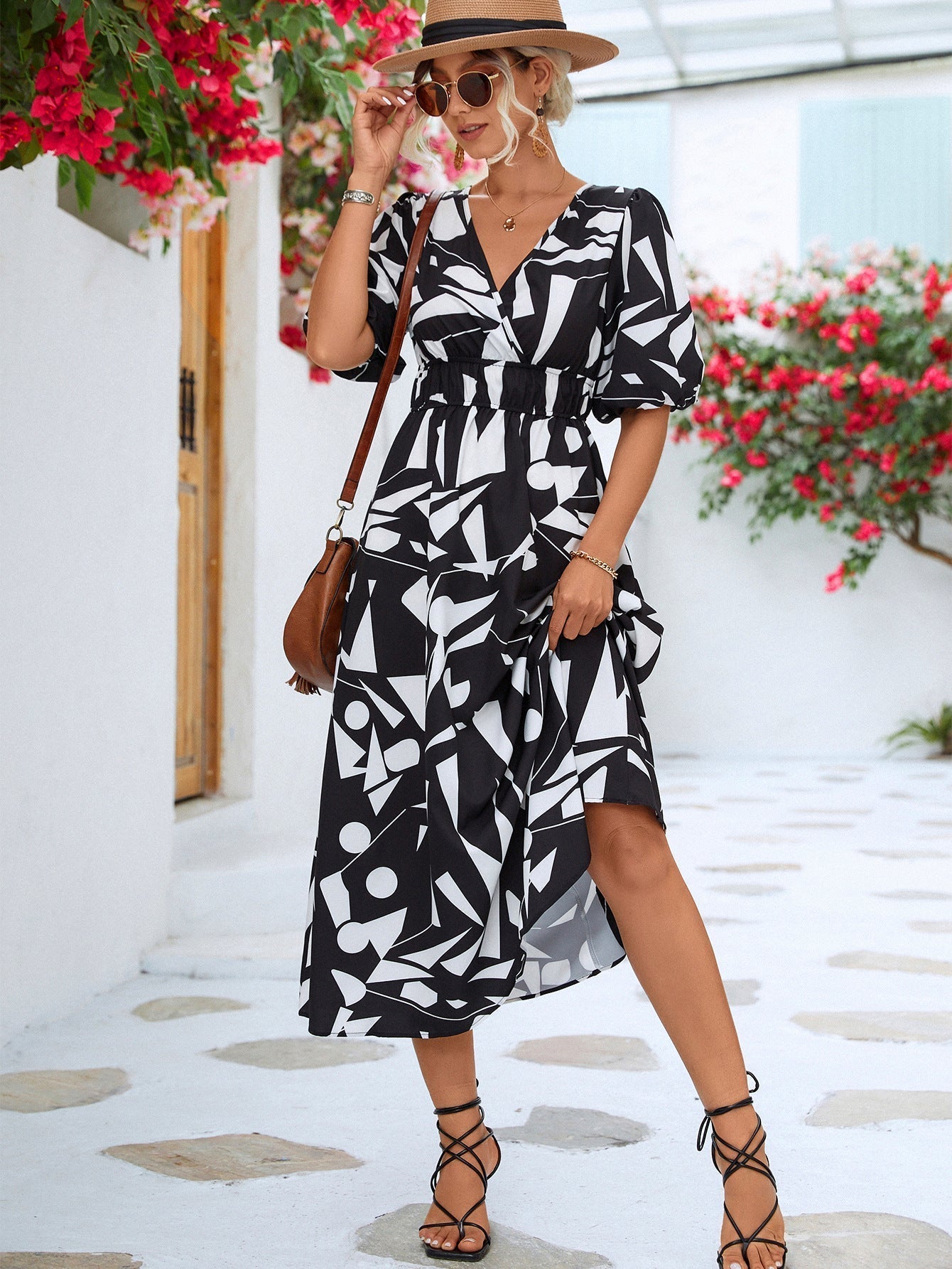 Vestido Estampado Geométrico Cuello en V Elegante