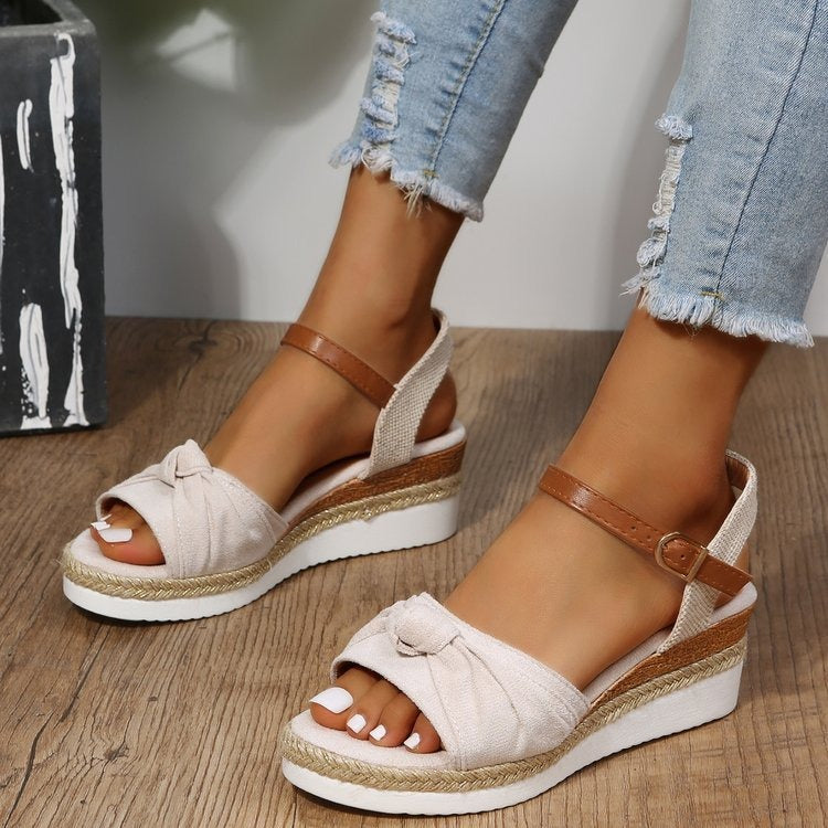 Sandalias Mujer Lona Con Lazo Alto Estilo Verano