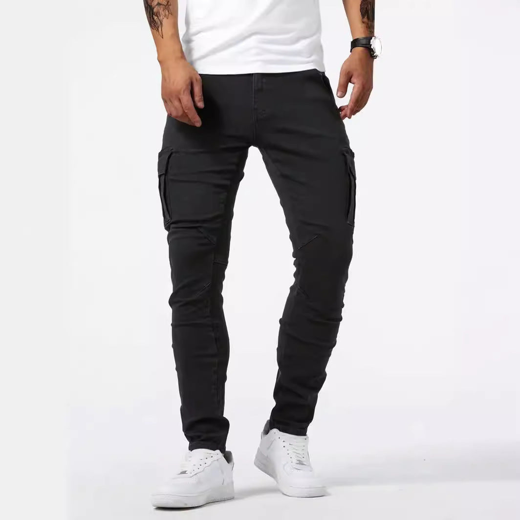 Pantalones cargo elásticos hombre azul ajustados